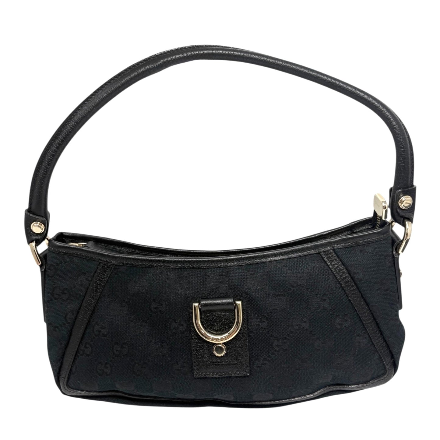 GUCCI Vintage GG Monogram Abbey Canvas Shoulder Bag Dark Blue Black Gold