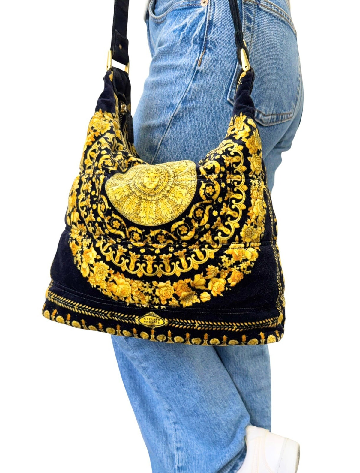 VERSACE Vintage Sunburst Logo Barocco Velvet Hobo Shoulder Bag Yellow 902307