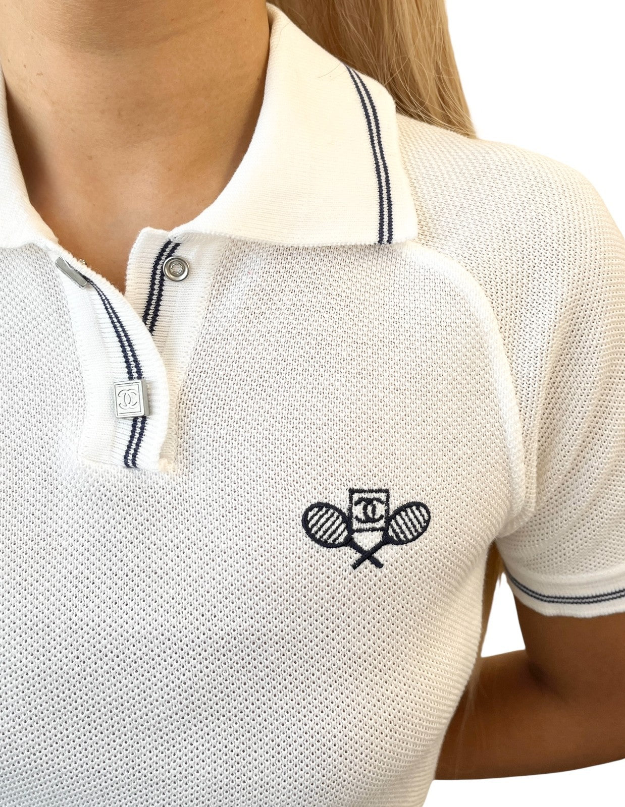 CHANEL Sport Vintage 05P CC Logo Polo T-shirt Top #38 Tennis Racket White Blue