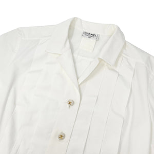 CHANEL Vintage CC Mark Button Cropped Shirt Top White Gold Cotton Rank AB+
