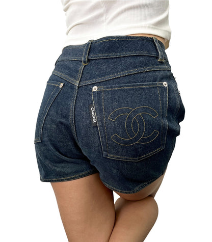 CHANEL Vintage CC Logo Denim Short Pants #36 Dark Blue Silver Cotton 902896