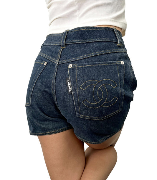 CHANEL Vintage CC Logo Denim Short Pants #36 Dark Blue Silver Cotton 902896