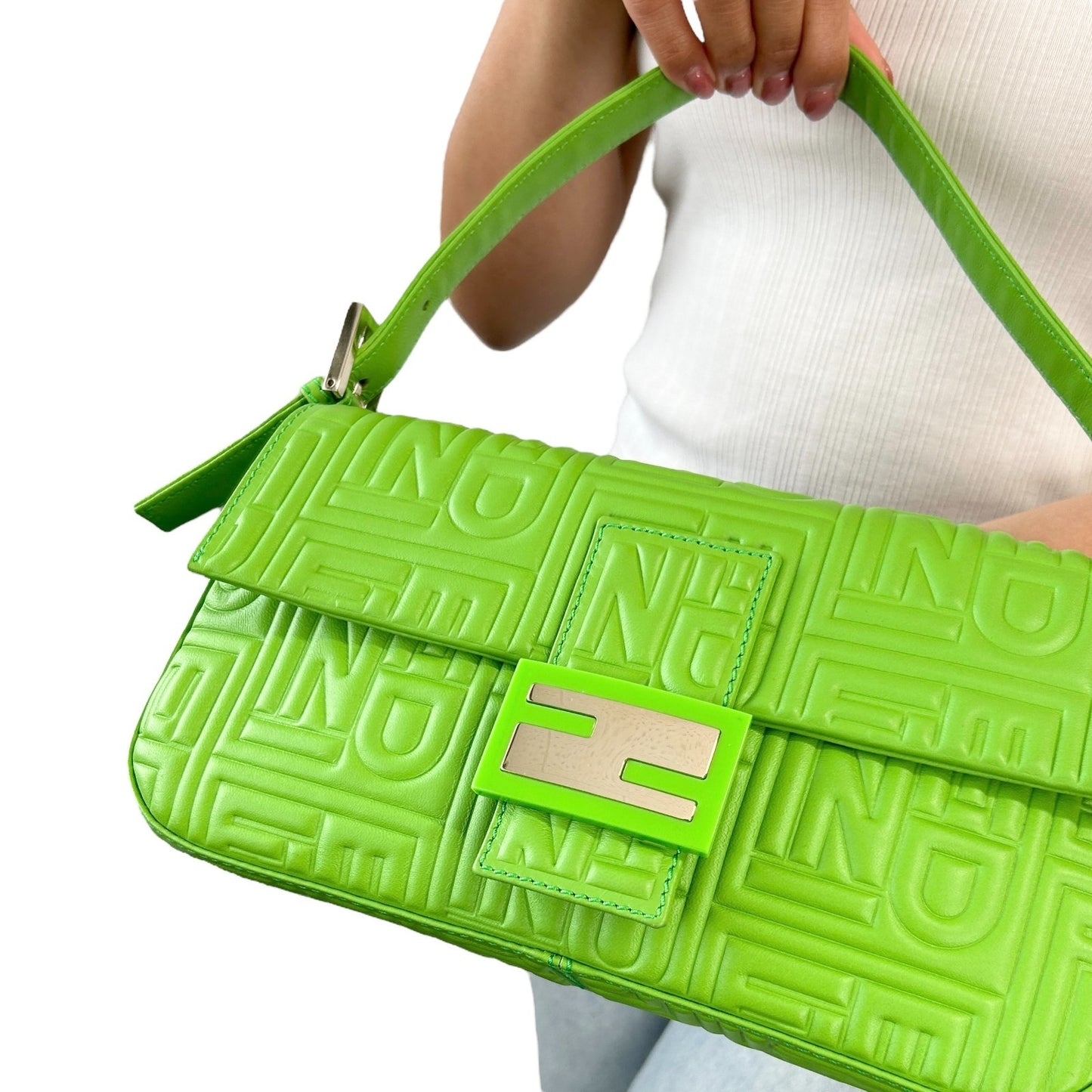 FENDI Vintage FF Logo Embossed Mamma Baguette Shoulder Bag Green Leather Silver
