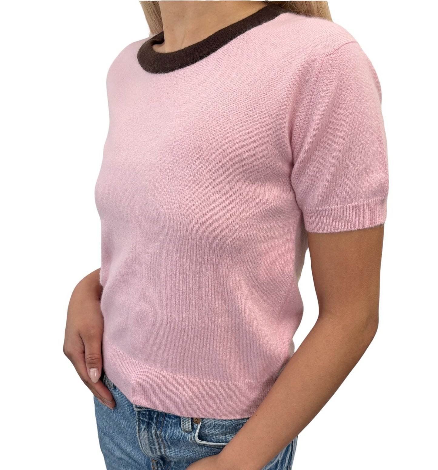 CHANEL Vintage 96A CC Logo Button Cashmere Knit Top T-shirt #36 Pink Brown