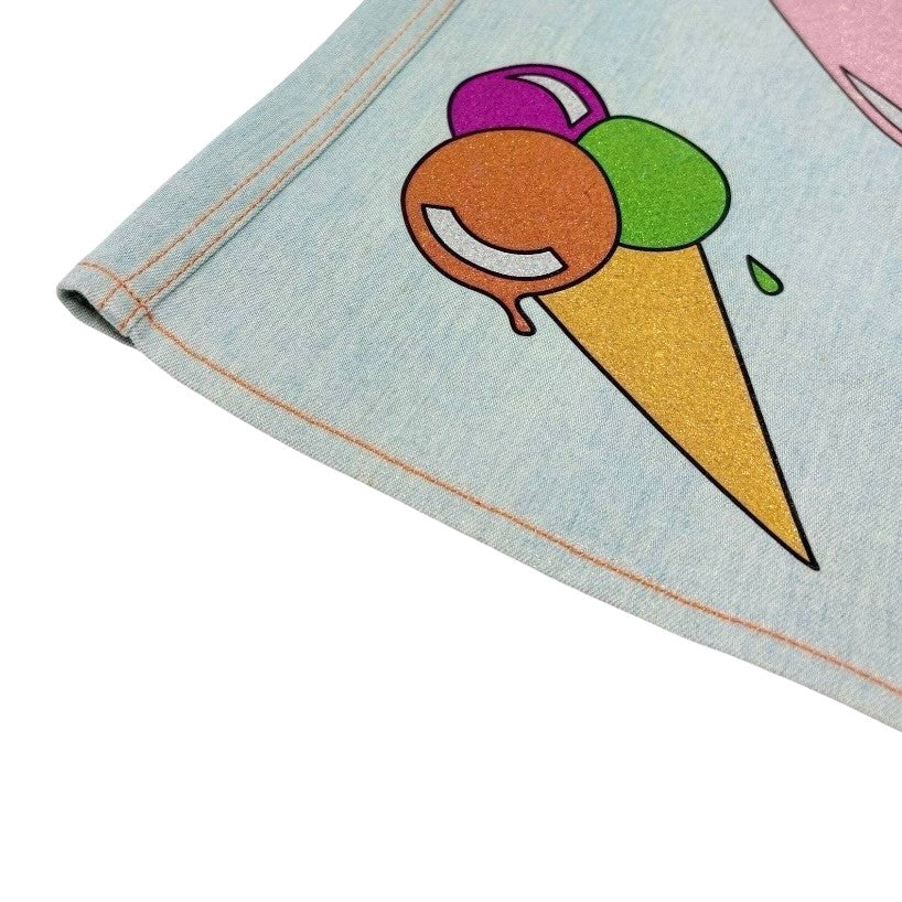 Christian Dior Vintage 2002 Glitter Denim Skirt Ice Cream Print #38 Blue Cotton