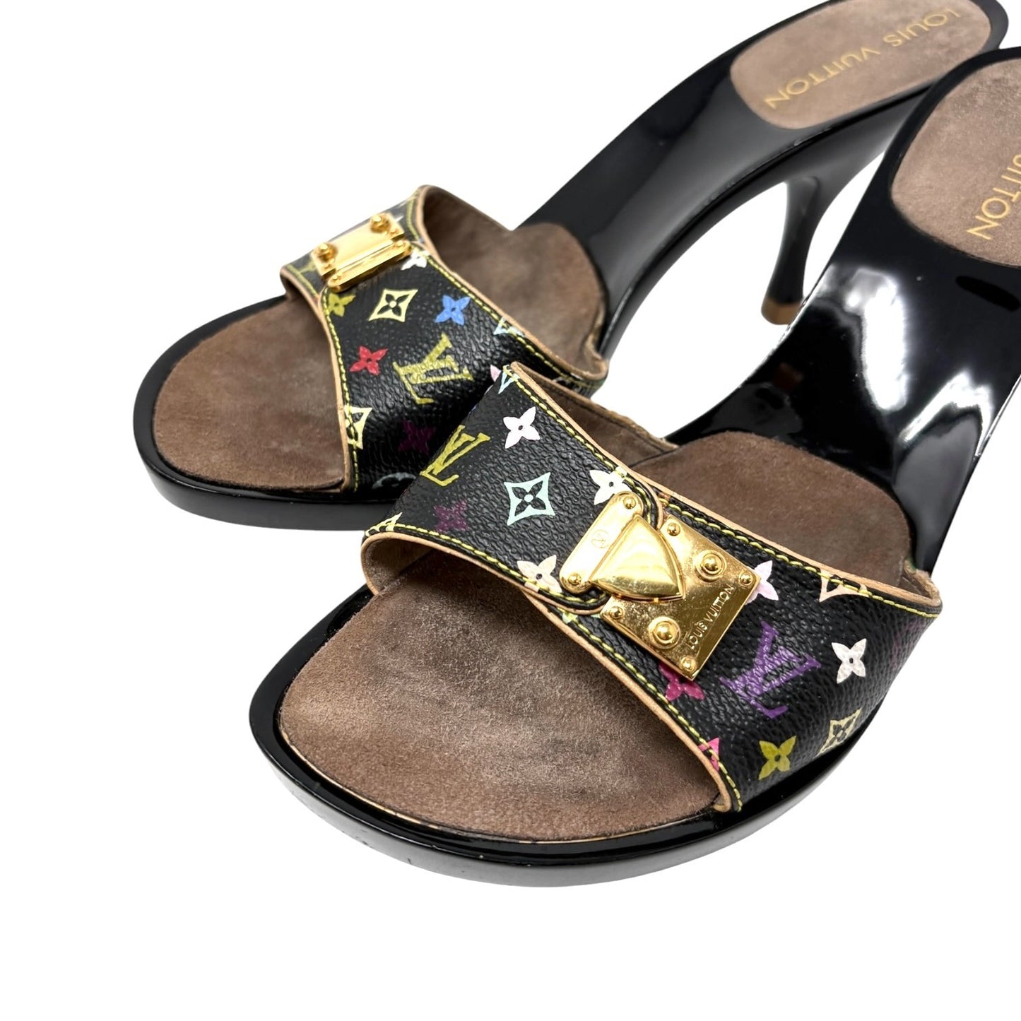 LOUIS VUITTON Vintage Monogram Multicolor Sandals Heels #36.5 Black Brown