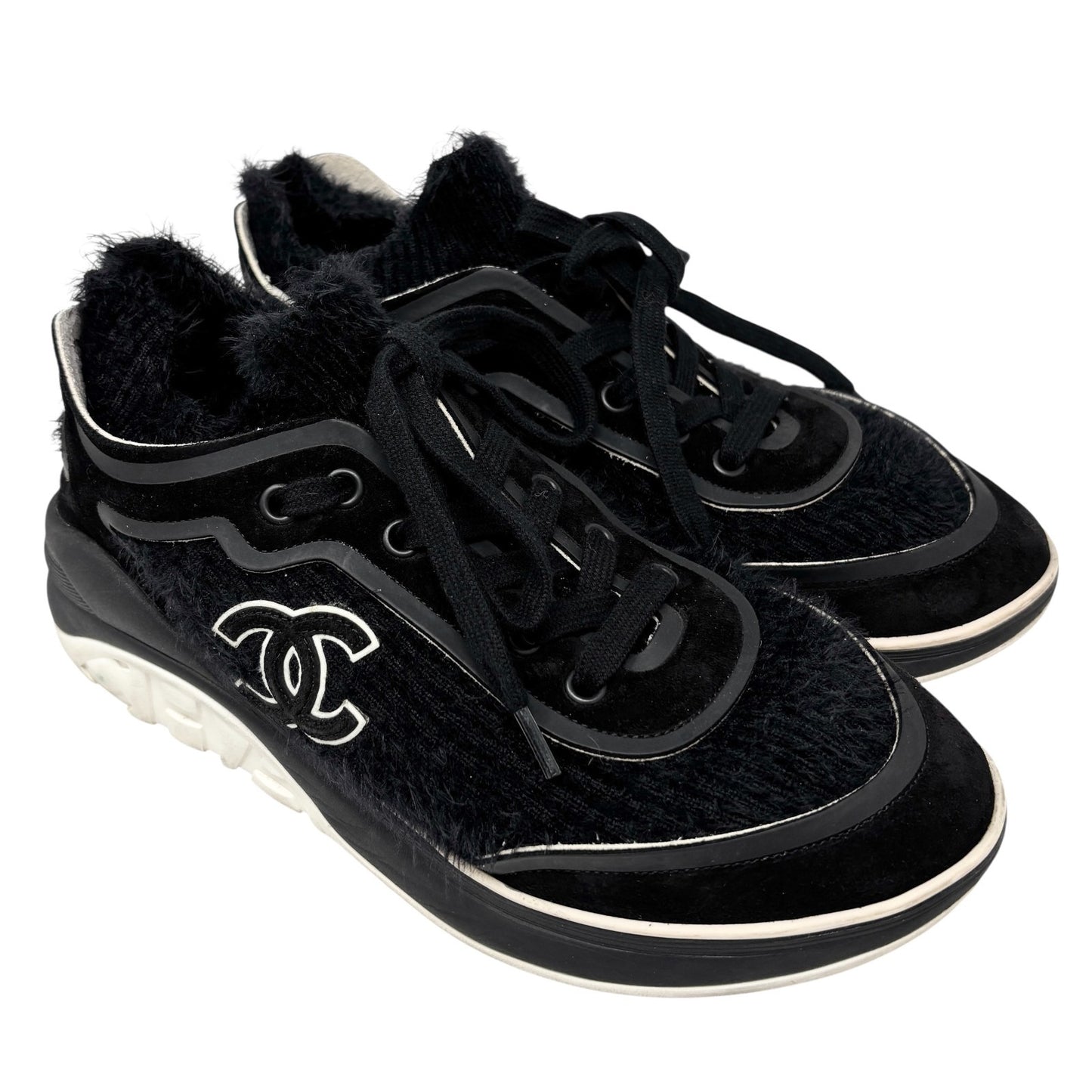 CHANEL Vintage G35202 CC Logo Socks Sneakers #37 Shoes Black White Suede