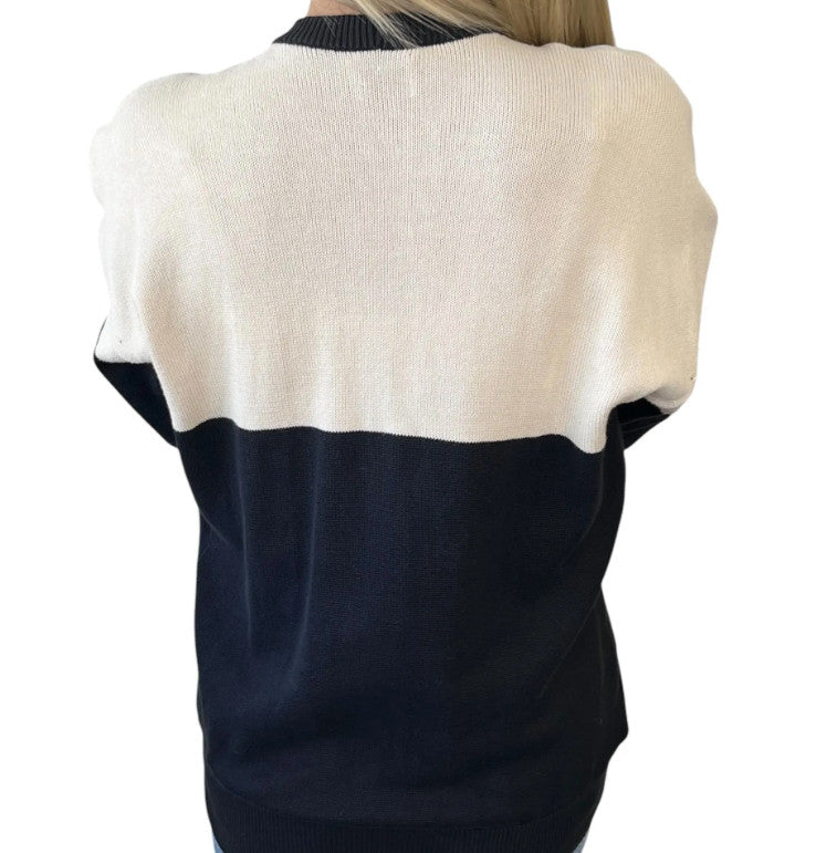 CHANEL Vintage CC Logo Cardigan Bi-color Sweater #M Button Cream Black Cotton