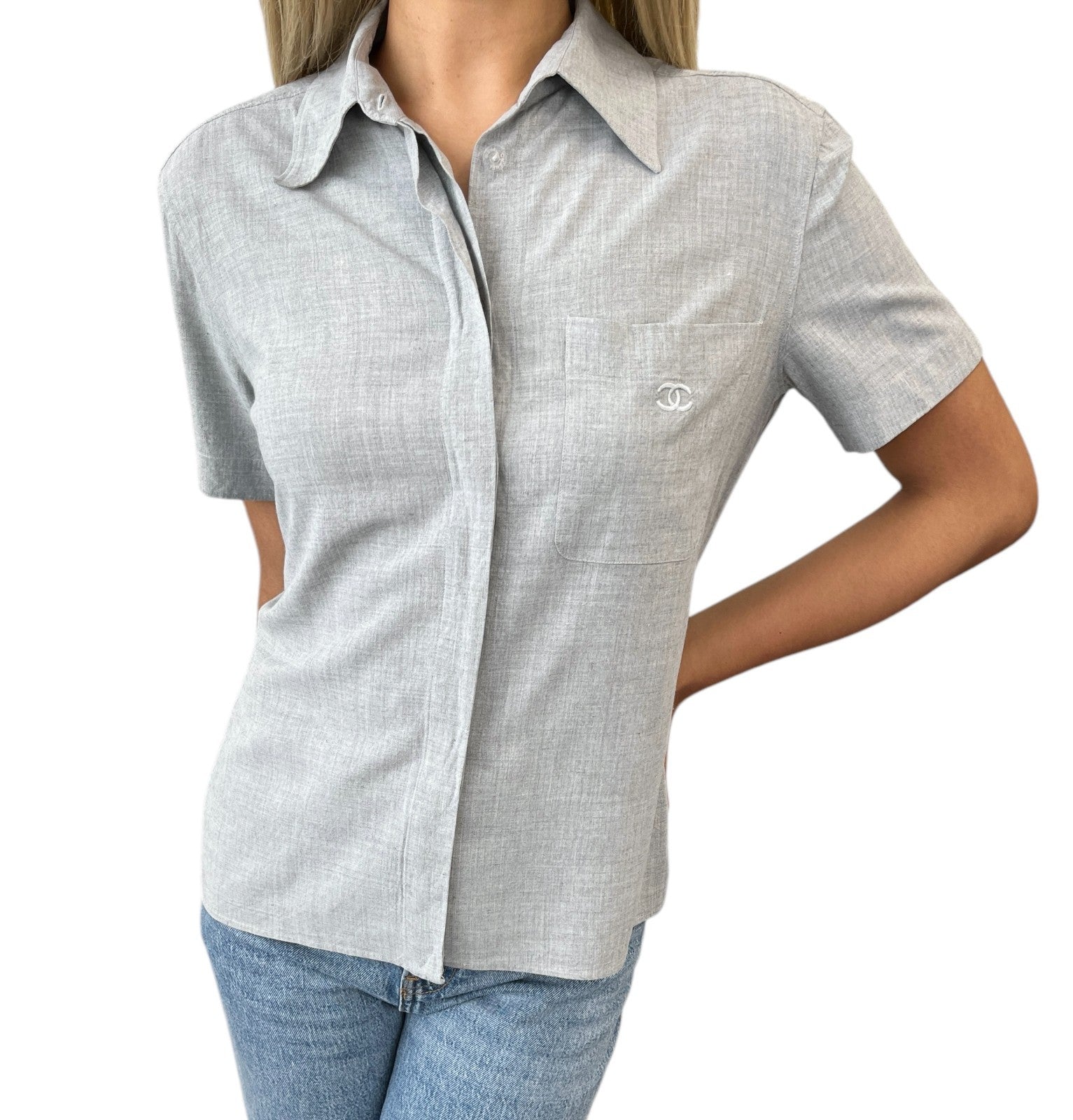 CHANEL Vintage 99P CC Logo Short Sleeve Shirt Blouse Pocket #38 Gray Rayon