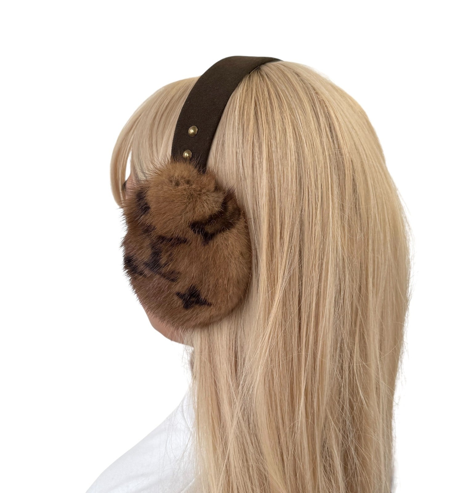 LOUIS VUITTON Vintage LV Monogram Mink Earmuffs Brown Gold Suede Accessory