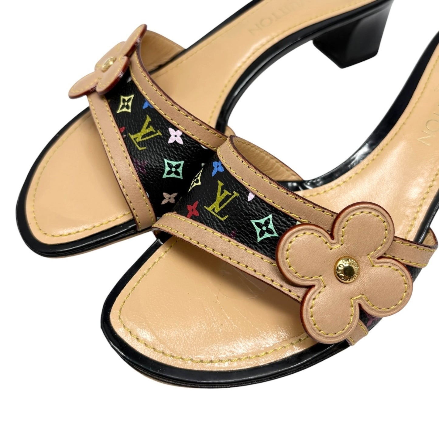 LOUIS VUITTON Vintage Monogram Multicolor Flower Sandals #38 Black 902406