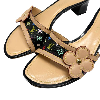 LOUIS VUITTON Vintage Monogram Multicolor Flower Sandals #38 Black 902406