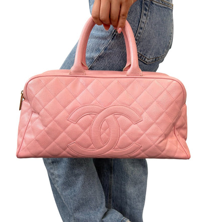 CHANEL Vintage Bic CC Logo Timeless Quilted Leather Boston Bag Pink 902272