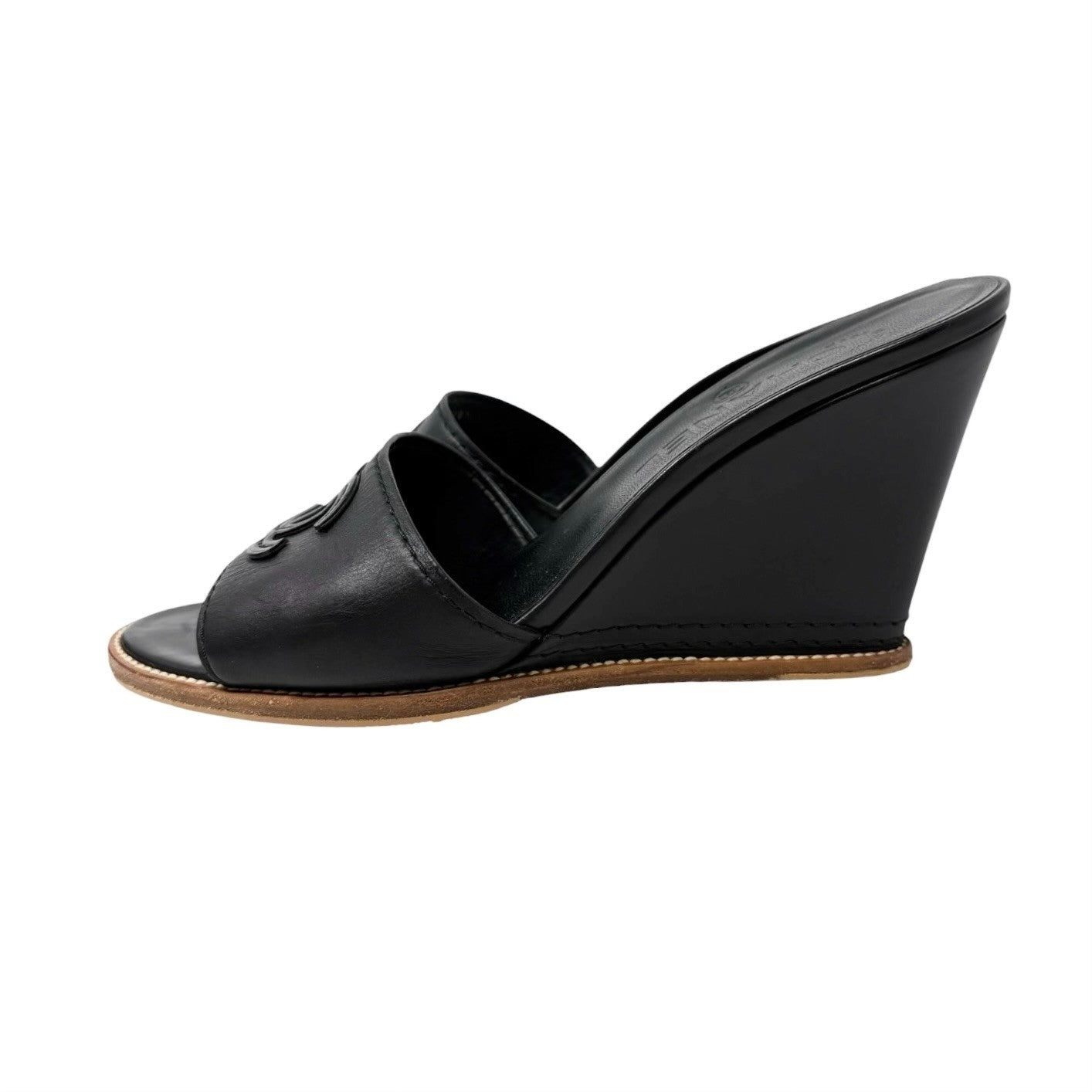 CHANEL Vintage CC Logo Slide Sandals Heels #36.5 Black Brown Leather 901943
