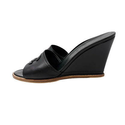 CHANEL Vintage CC Logo Slide Sandals Heels #36.5 Black Brown Leather 901943