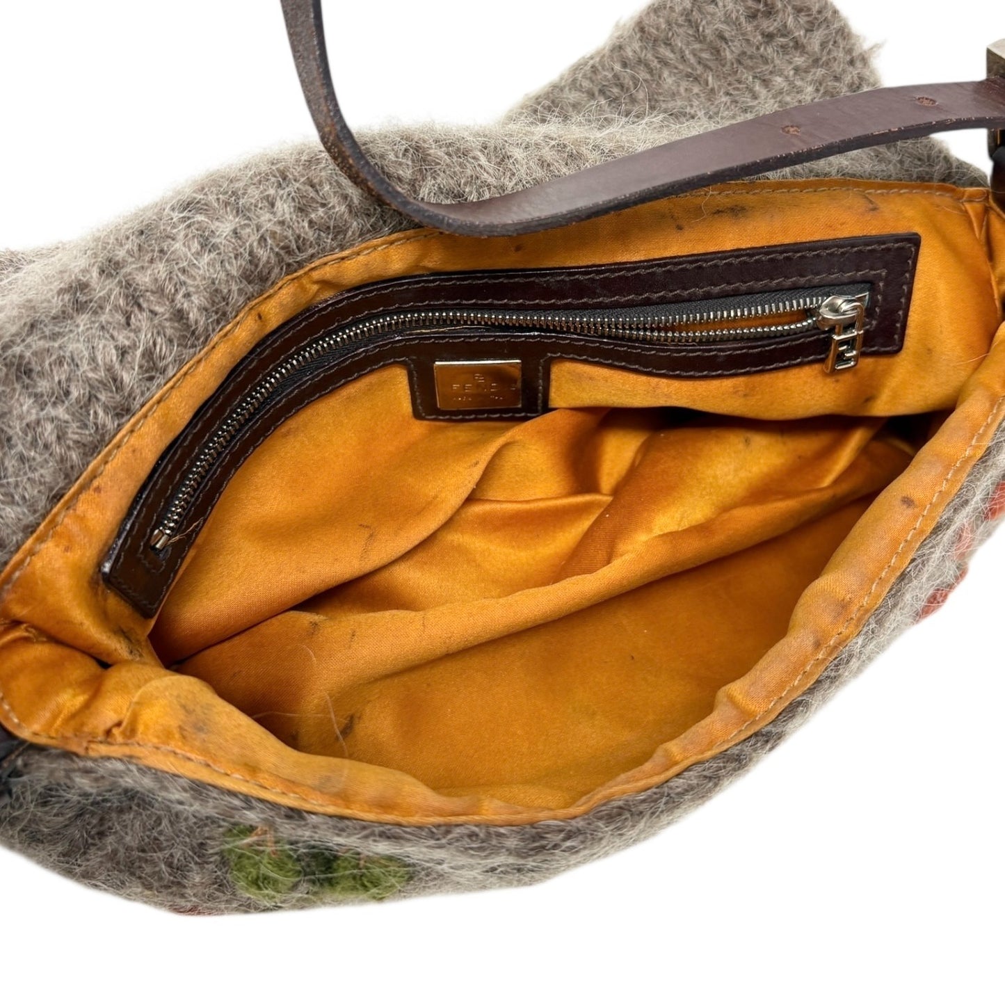 FENDI Vintage FF Mamma Baguette Wool Knit Shoulder Bag Gray Brown Flower