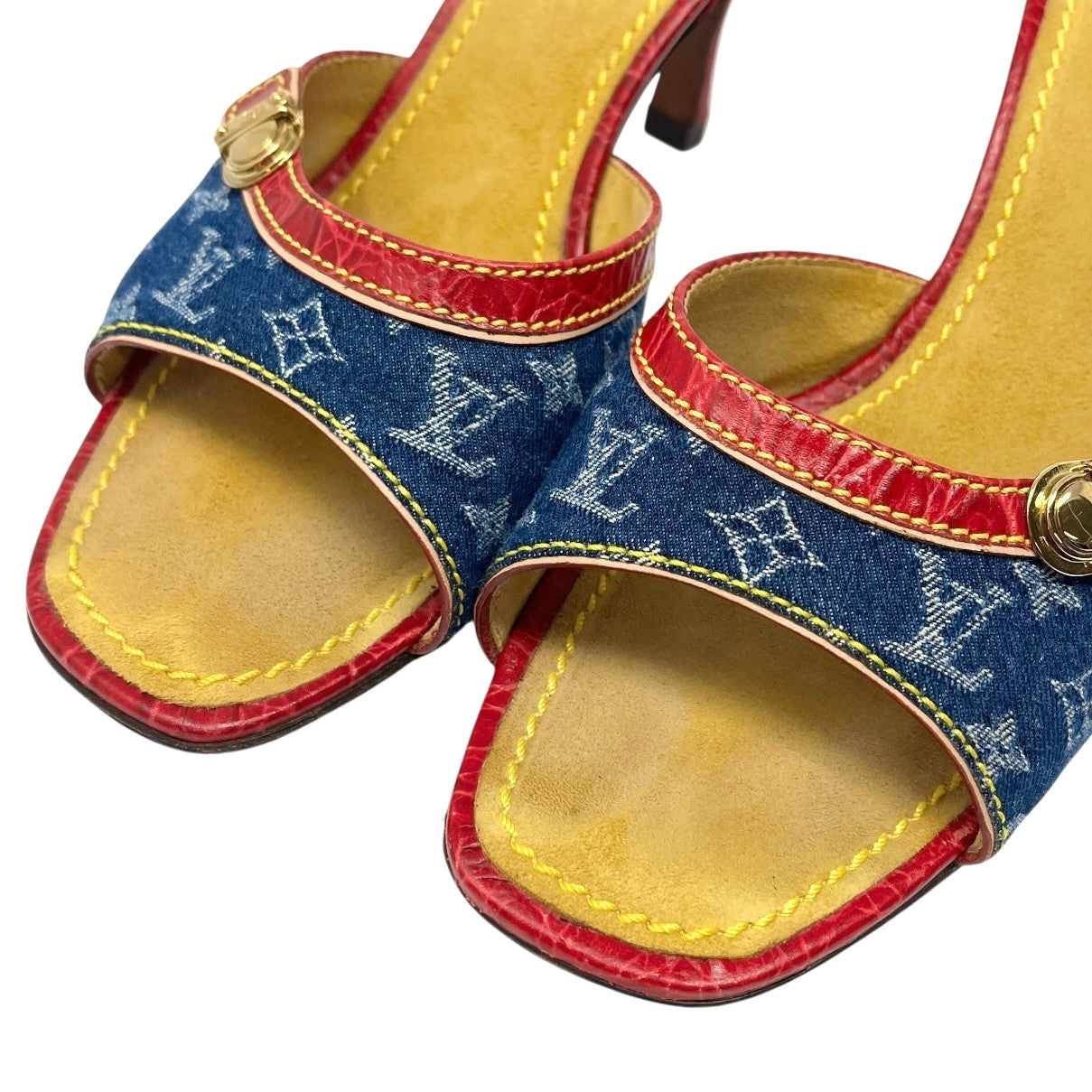 LOUIS VUITTON Vintage LV Monogram Logo Denim Sandals Heels #37-37.5 Blue Red