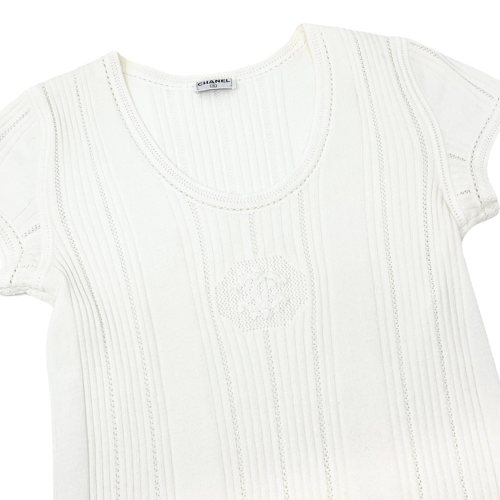 CHANEL Vintage 03P CC Logo Knit Rib T-shirt Top Mesh White Cotton Short Sleeve
