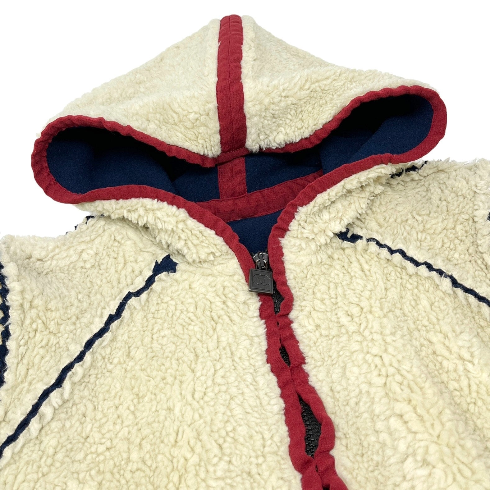 CHANEL Sport Vintage 08C CC Logo Boa Jacket Hoodie #36 Ivory Red Acrylic RankAB
