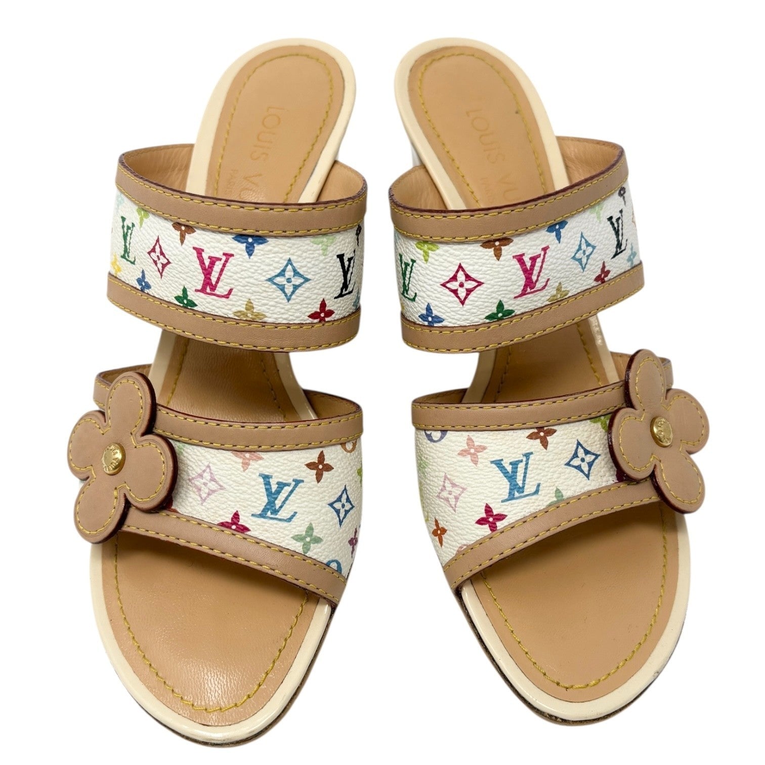 LOUIS VUITTON Vintage Monogram Multicolor Heels Sandals #37.5 White Murakami