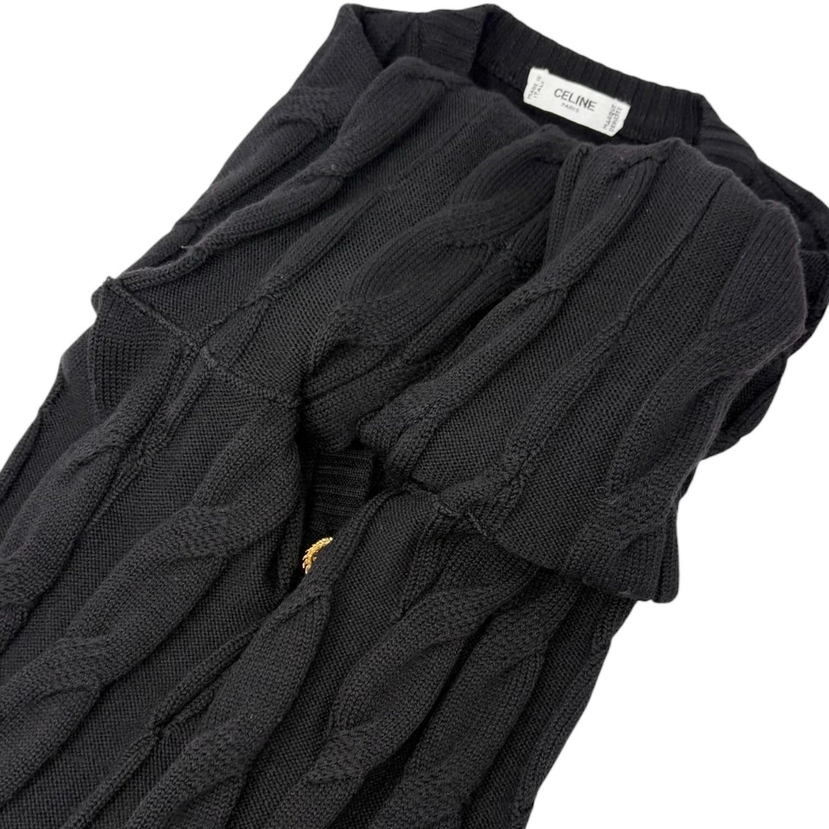 CELINE Vintage Logo Cable Knit Cardigan Top Button Black Gold 902914