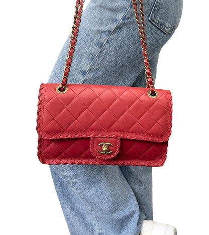 CHANEL Vintage CC Logo Quilted Whipstitch Chain 2way Bag Red Leather 902349