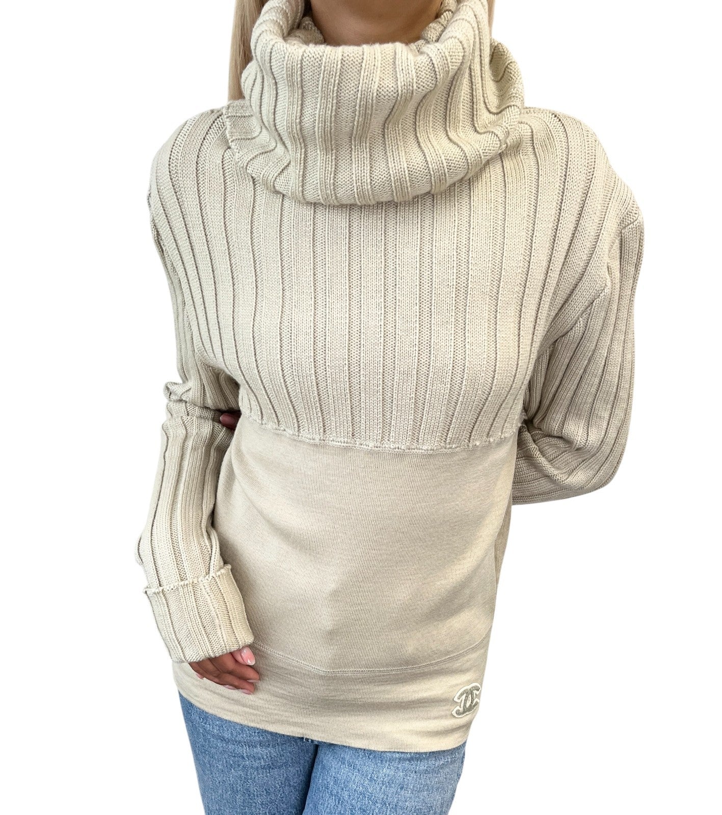 CHANEL Vintage 01A CC Logo Rib Knit Turtleneck Sweater Top #42 Beige 902074