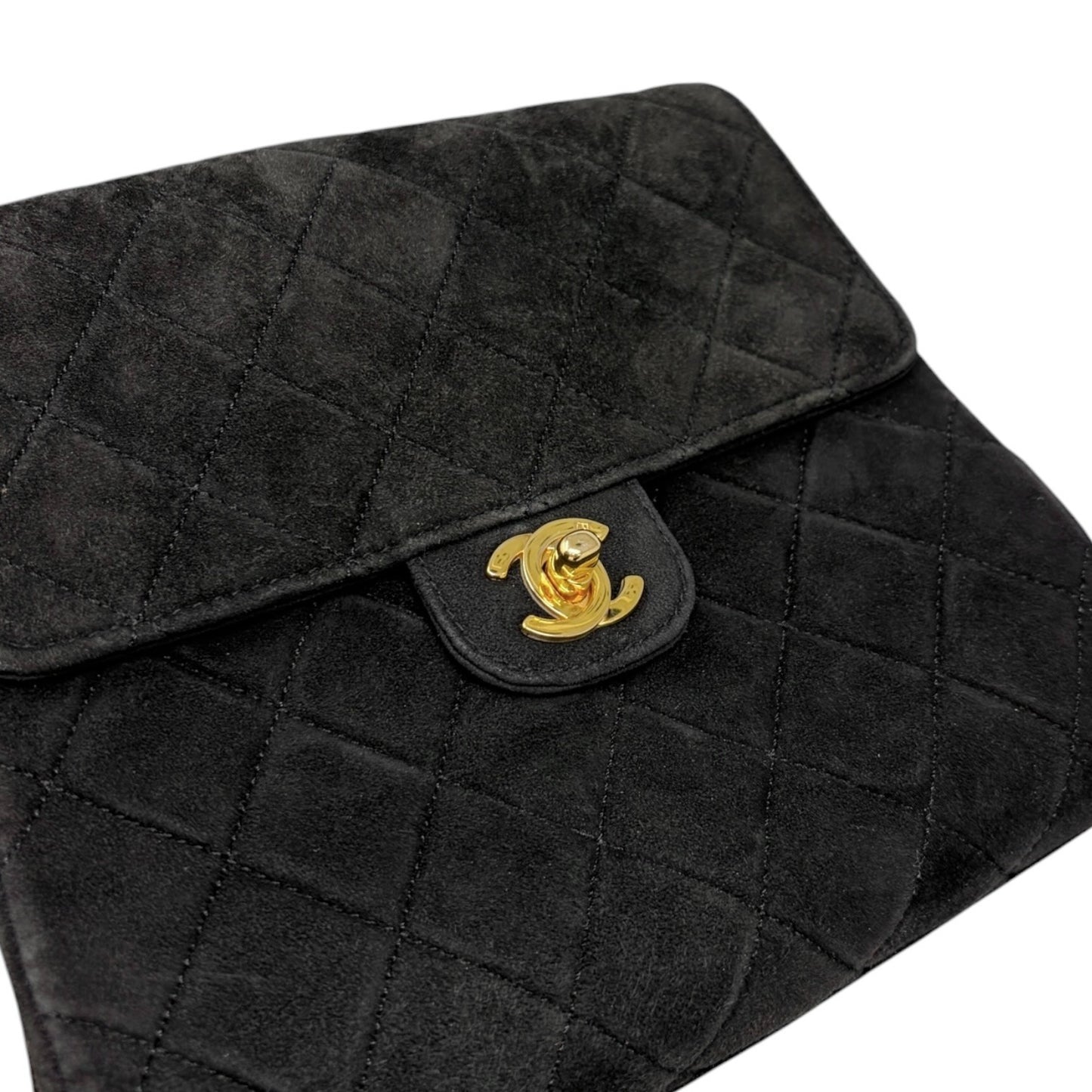 CHANEL Vintage CC Quilted Chain Crossbody Shoulder Bag Black Gold Suede 902220
