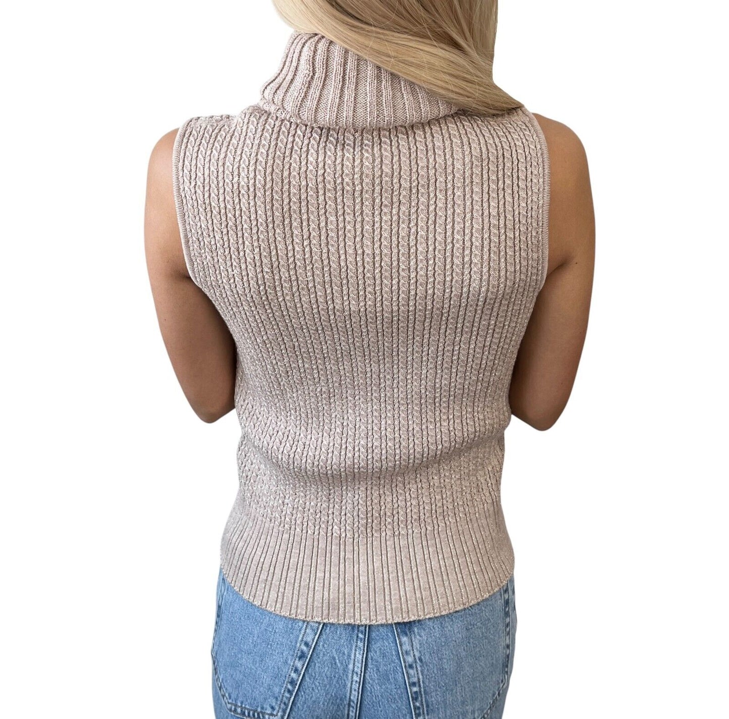 CHANEL Vintage 01A CC Logo Turtleneck Knit Top #42 Pink Beige Wool Sleeveless