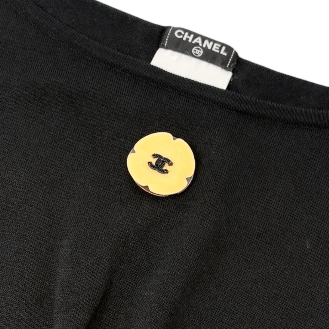CHANEL Vintage P40798 CC Logo Camelia Knit T-shirt Top #42 Black White 901832