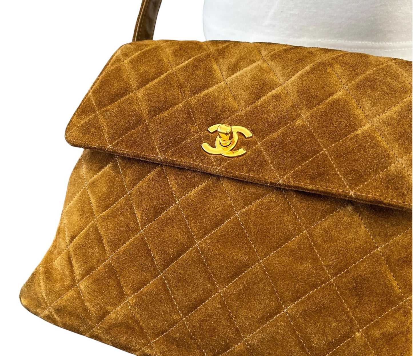 CHANEL Vintage CC Logo Turnlock Quilted Suede Flap Shoulder Bag Brown