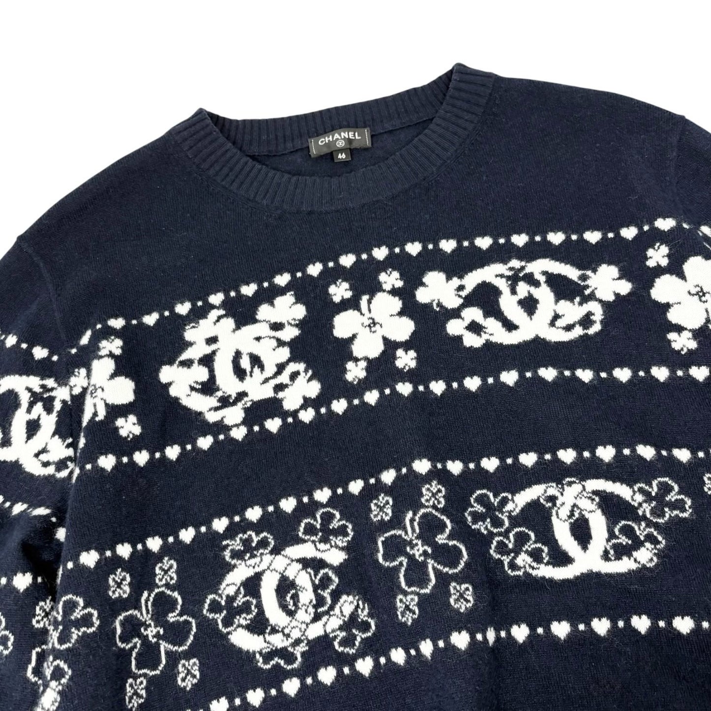 CHANEL Vintage P63037 CC Logo Cashmere Knit Sweater Top #46 Dark Blue Clover