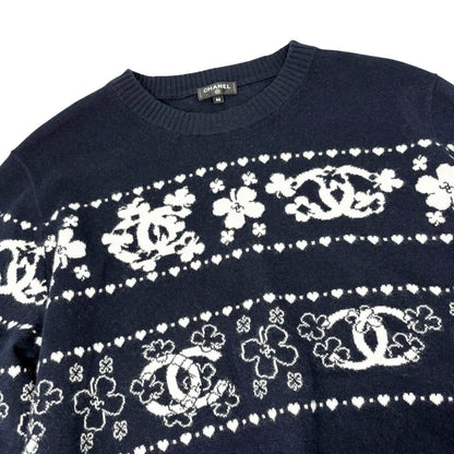 CHANEL Vintage P63037 CC Logo Cashmere Knit Sweater Top #46 Dark Blue Clover