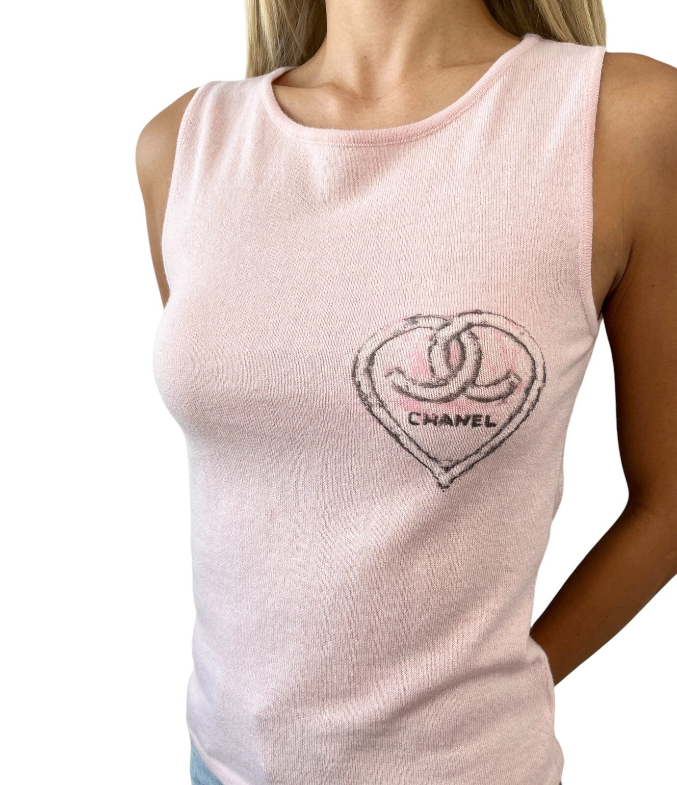 CHANEL Vintage 09C CC Mark Logo Heart Knit Tank Top #34 Pink Cashmere Rank AB+