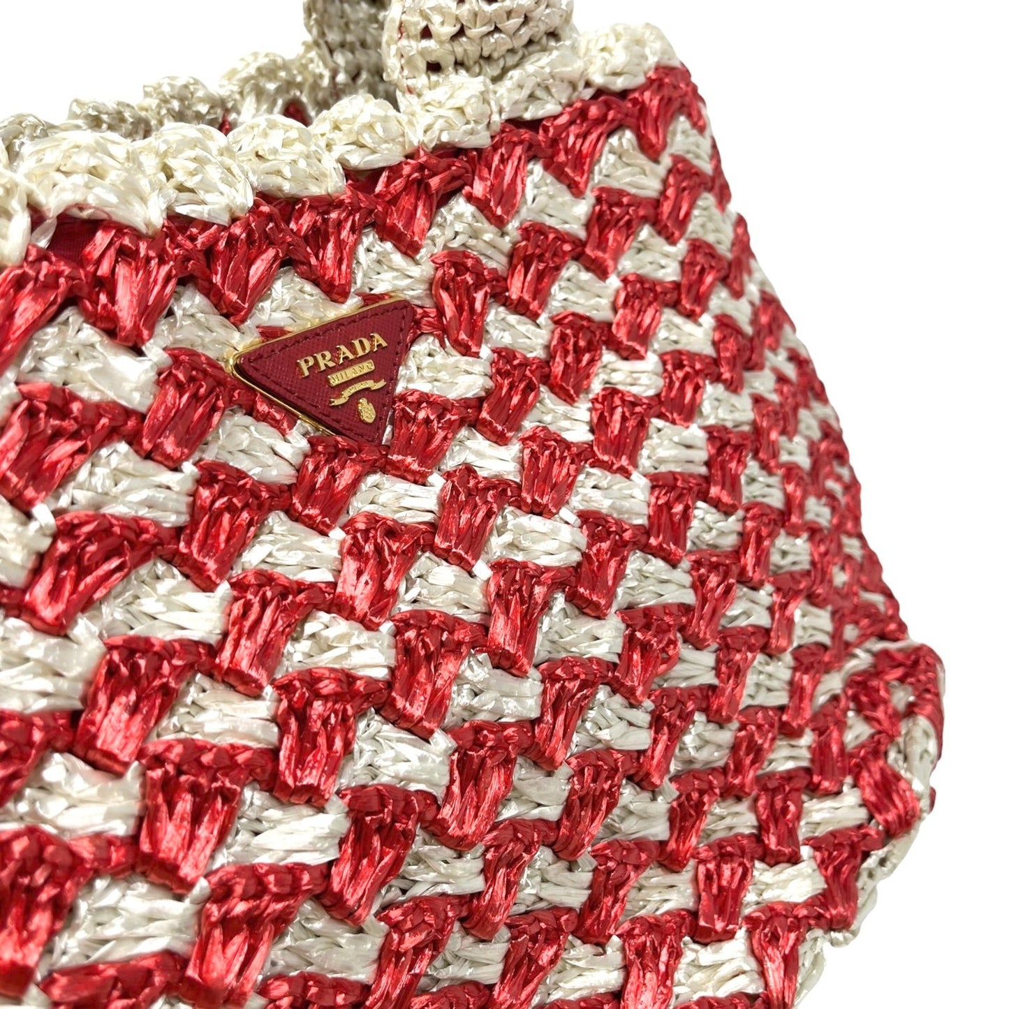 PRADA Vintage Triangle Logo Raffia Canapa Tote Bag Red White Crochet 902048