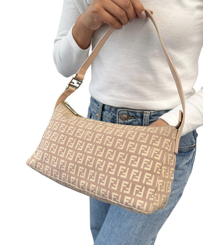 FENDI Vintage Logo Zucchino Monogram Shoulder Bag Pochette Beige Pink 902037