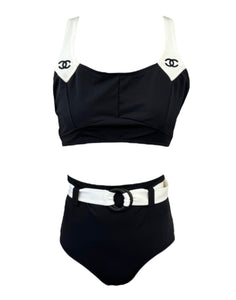 CHANEL Vintage CC Mark Bicolor Swimsuit Bikini #42 Black White Nylon Rank AB