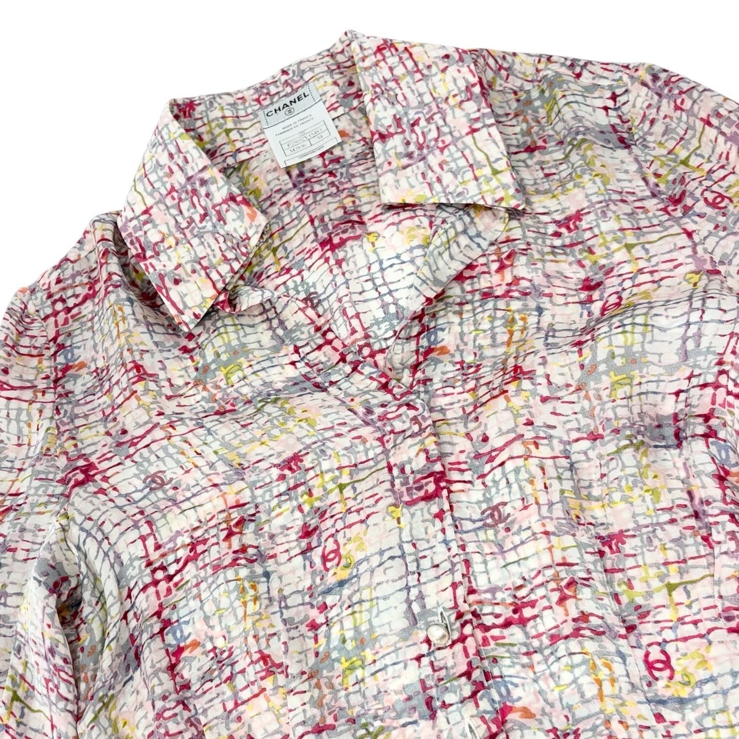 CHANEL Vintage 05C CC Tweed Print Shirt Blouse Top #34 Multicolor Silk 901994