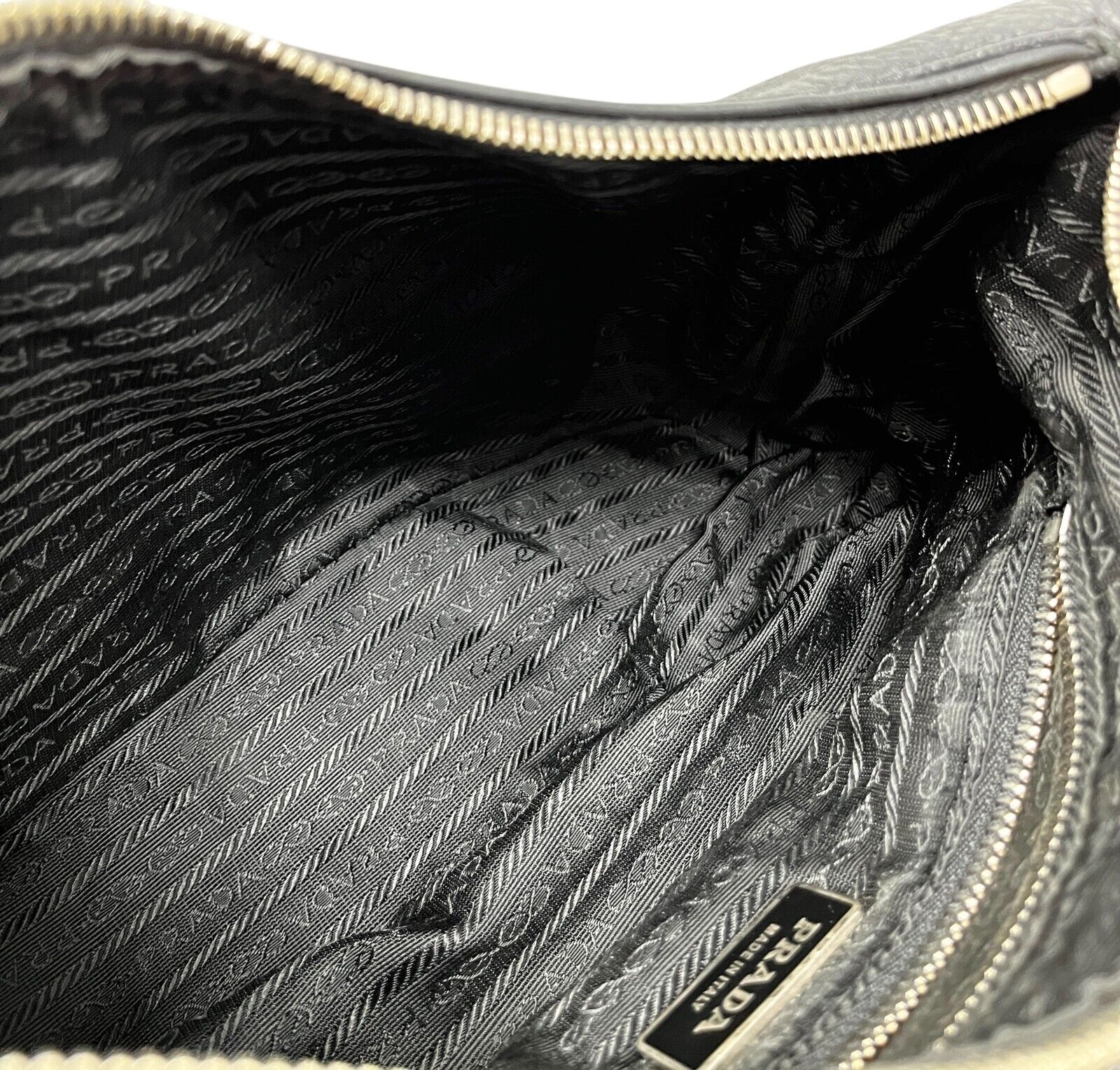 PRADA Vintage Logo Shoulder Bag Handbag Zip Stitch Black Silver Leather