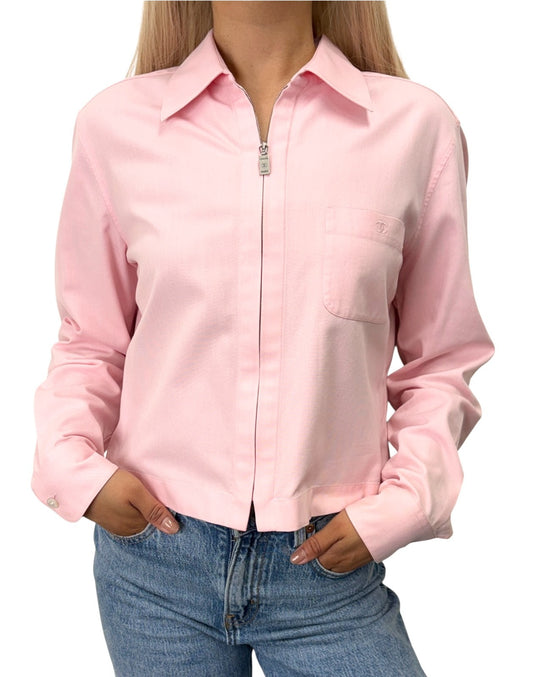 CHANEL Vintage 98P CC Logo Cropped Zip Shirt Top #40 Pink Cotton 902832