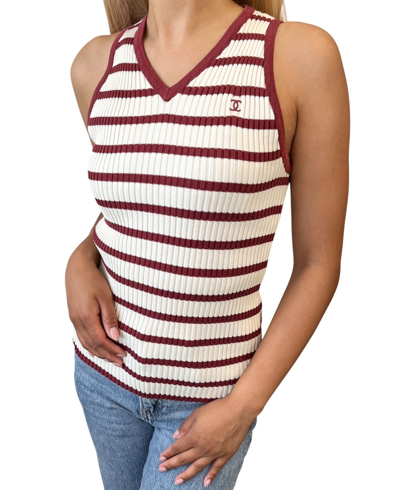 CHANEL Vintage 98P CC Mark Logo Rib Knit Tank Top Striped #40 Red White Cotton