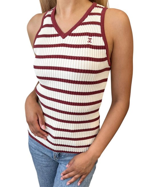 CHANEL Vintage 98P CC Mark Logo Rib Knit Tank Top Striped #40 Red White Cotton