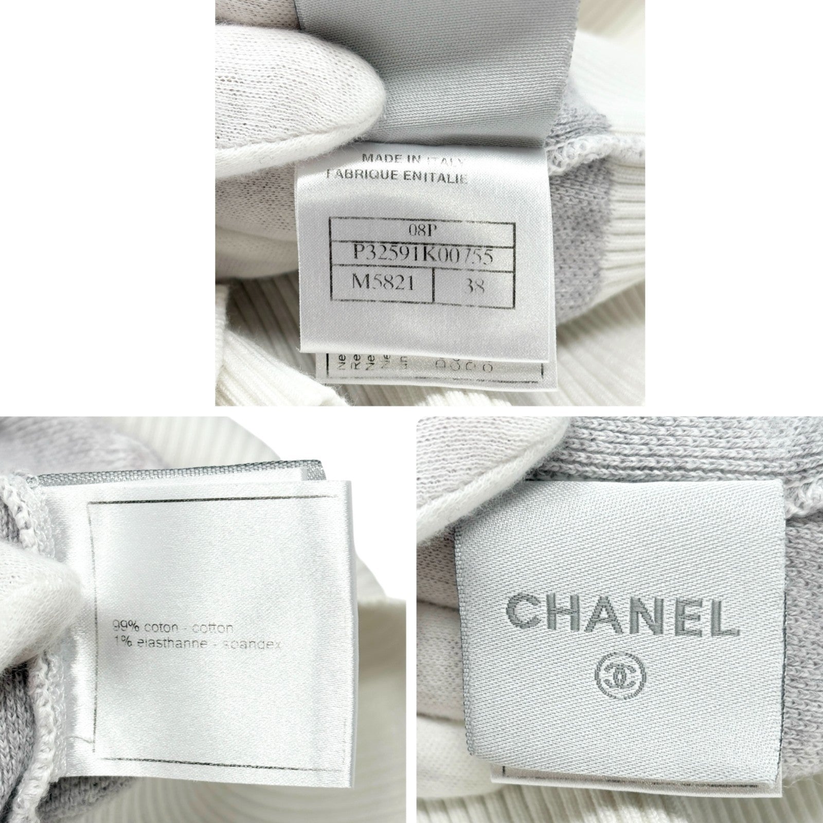 CHANEL Sport Vintage 08P CC Mark Logo Knit T-shirt Top #38 Gray White Cotton