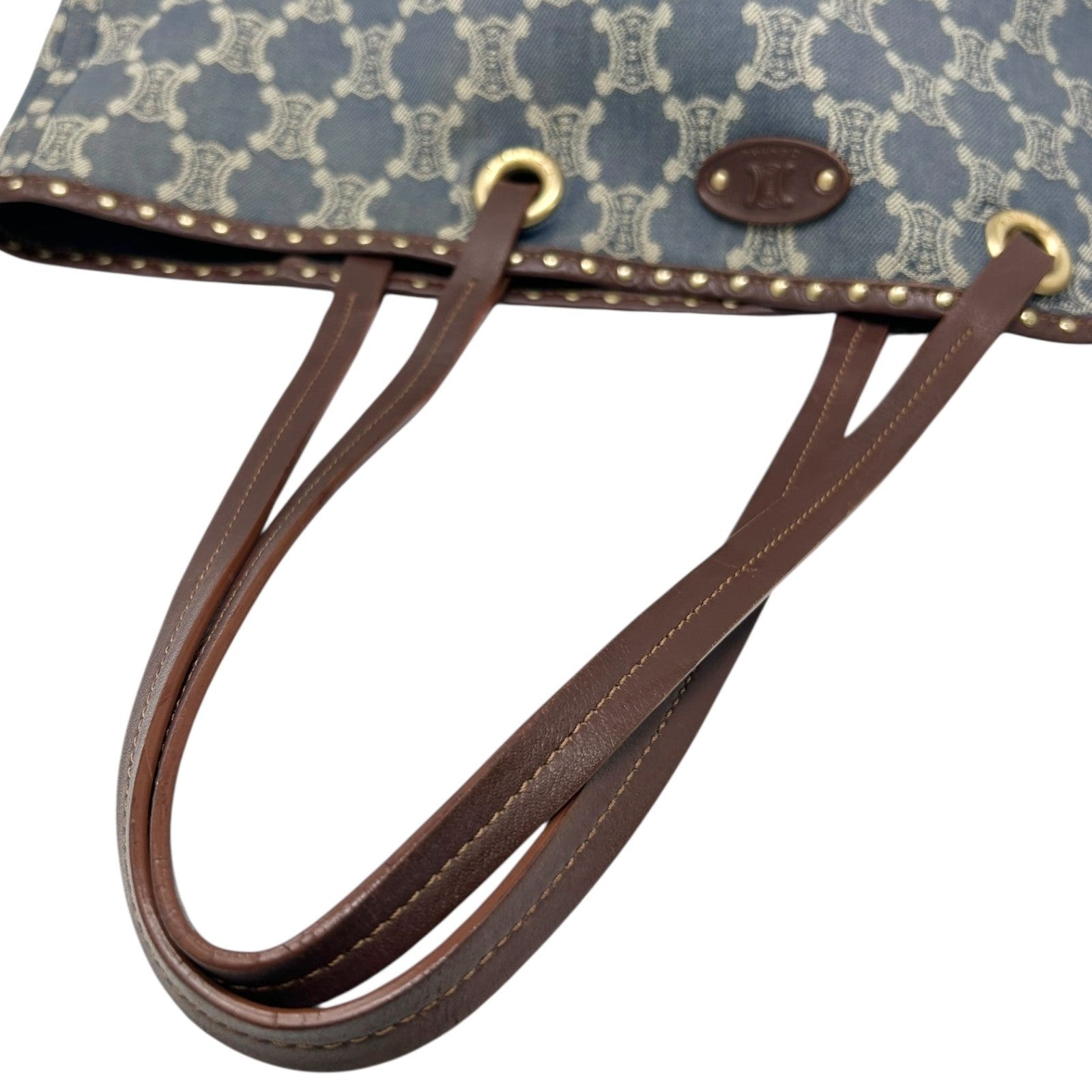 CELINE Vintage Macadam Monogram Logo Denim Tote Bag Blue Gold Cotton Leather