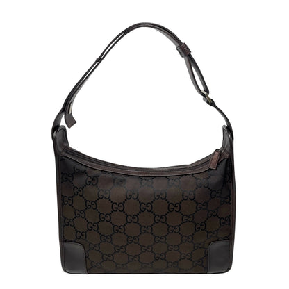 GUCCI Vintage GG Monogram Hobo Shoulder Bag Brown Nylon Leather 902271