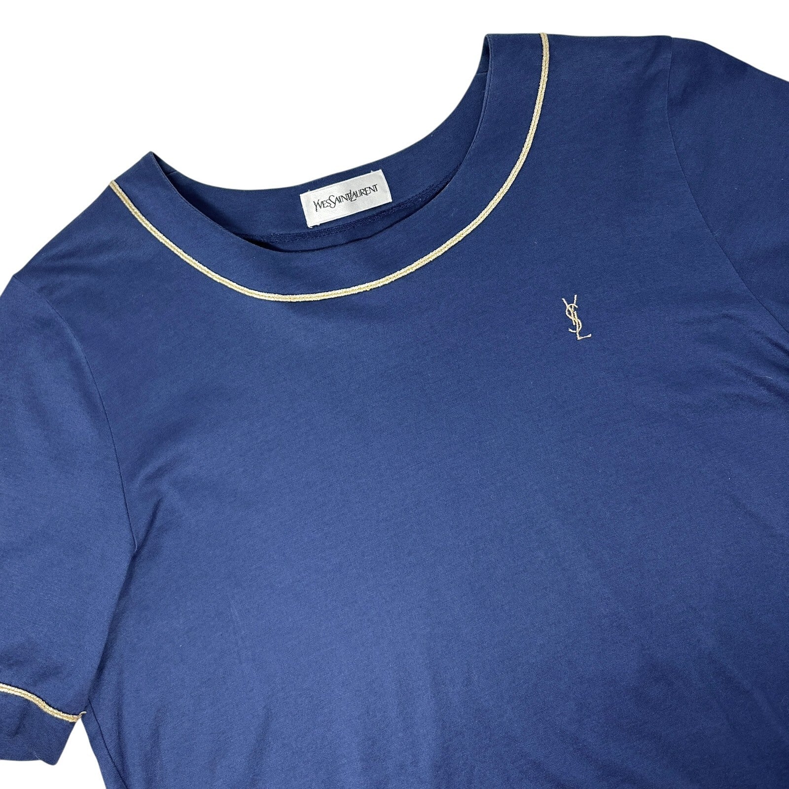 Yves Saint Laurent Vintage YSL Logo Top #M Pullover Dark Blue Gold Glitter