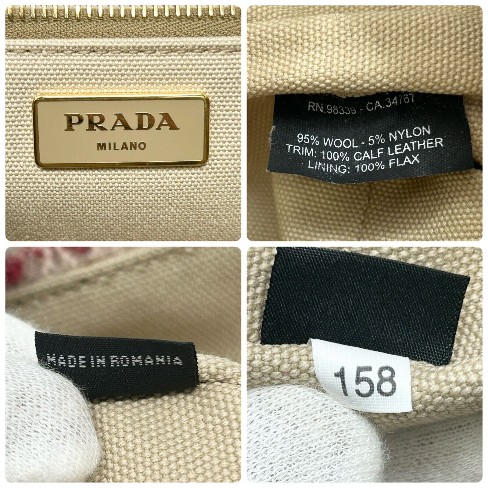 PRADA Vintage Logo Canapa Tweed 2way Tote Bag Cream Gold Wool Leather Rank AB