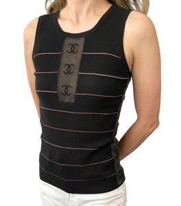 CHANEL Vintage 04P CC Logo Mesh See-through Ribbed Tank Top #38 Black Rank AB