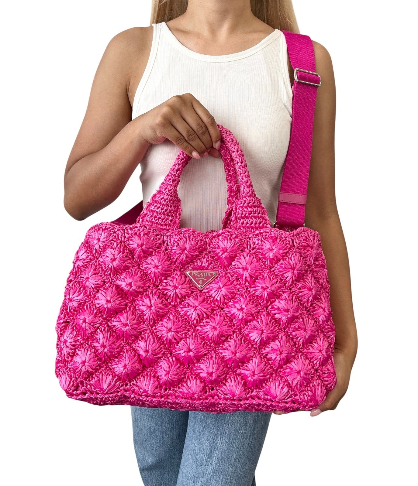 PRADA Vintage Triangle Logo Canapa Tote Bag Handbag Pink Raffia