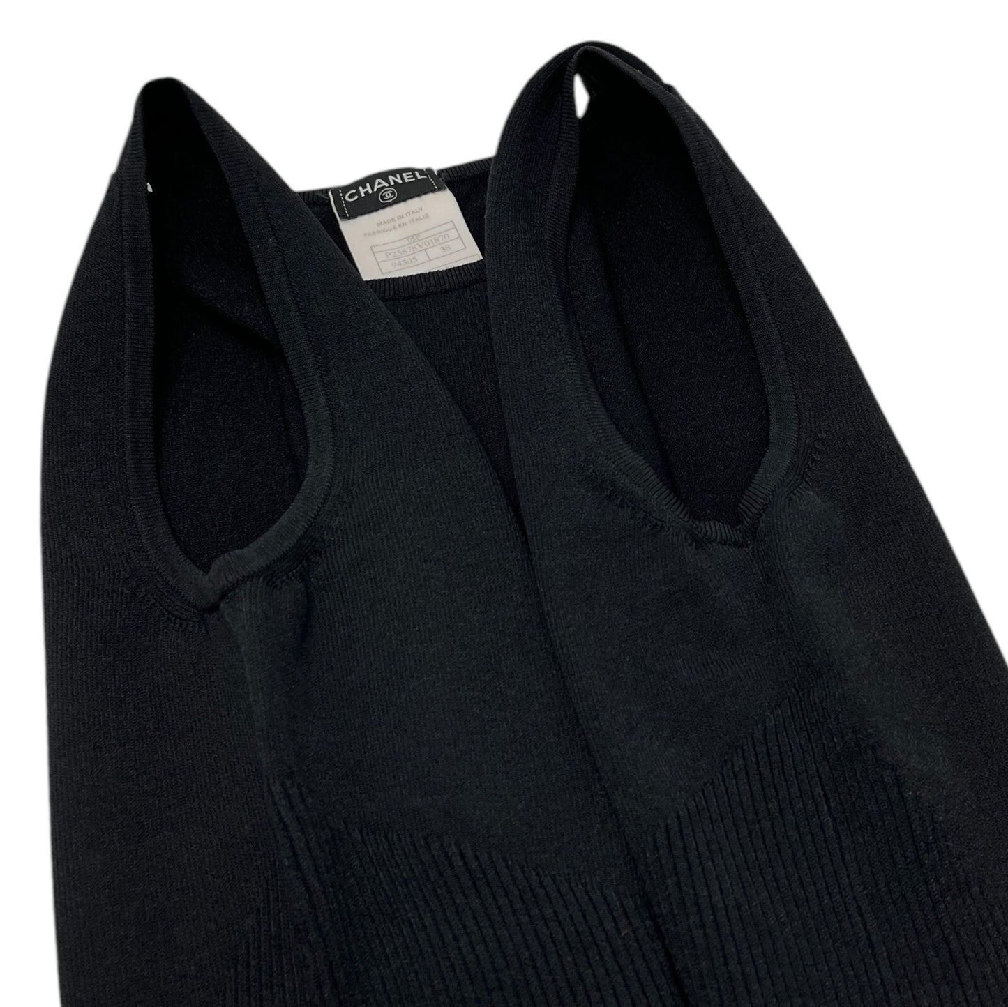 CHANEL Vintage 05P CC Logo Summer Knit Tank Top #38 Rib Round Neck Black Cotton